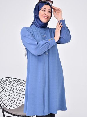 Kadin Tesettur Buyuk Beden Uzun Kol Ayrobin Gomlek Tunik İndigo