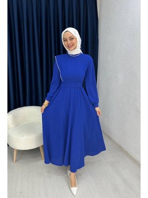 Mavi Omuzu Taş Detaylı Abiye Elbise