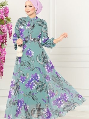 Mint Fular Yakalı Şifon Elbise