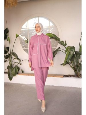 Pembe Biye Detaylı Pantolon Gömlek Takım