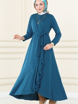 Petrol Eteği Volanlı Elbise