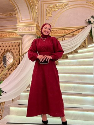 Bordo Jakarlı Abiye Elbise