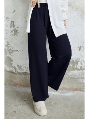 Lacivert Beli Kuşaklı Bol Scuba Pantolon Lacivert Beli Kuşaklı Bol Scuba Pantolon