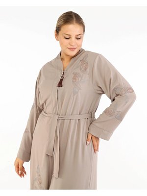 Yaprak Desenli Taşlı Nakışlı Abaya Bej