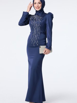 Lacıvert Önü Taş Desen Kolları Büzgülü Abiye Elbise