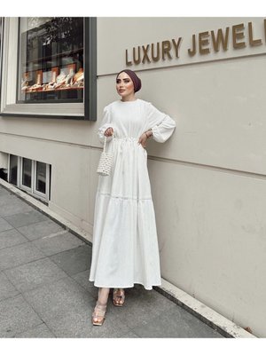 Pamuk Keten Astarlı Elbise Ekru