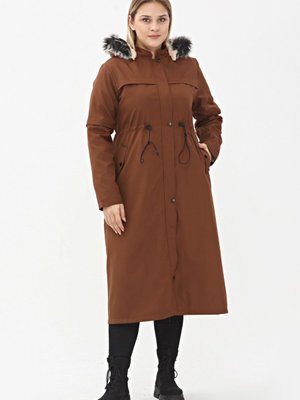 Bondit Kumaş Kapüşonlu Içi Kürklü Kışlık Mont, Taba