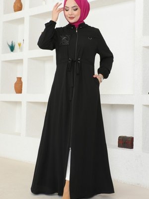 Siyah Nakış İşlemeli Medine İpeği Ferace