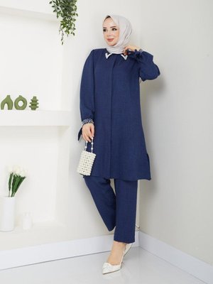 Yakası Ve Manşeti İnci Boncuklu Büyük Beden İkili Takım