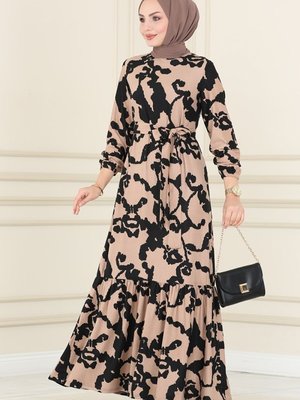 Desen 2 Vizyon & Siyah Eteği Fırfırlı Desenli Elbise