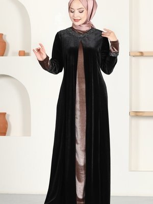Siyah Pul Detaylı Kadife Elbise