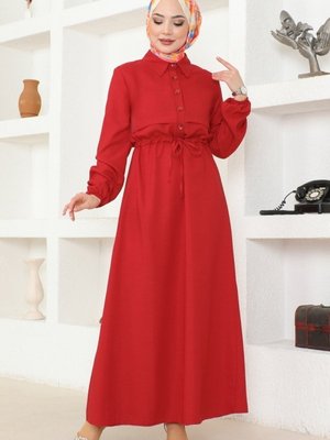 Kırmızı Bolero Detaylı Keten Elbise Kırmızı Bolero Detaylı Keten Elbise