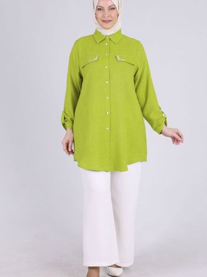 Yağ Yeşili Büyük Beden Taş Cepli Tunik