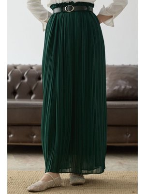 Zümrüt Yeşili Kemerli Beli Büzgü Şifon Etek