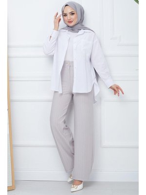 Gri Çizgili Bol Paça Krep Pantolon