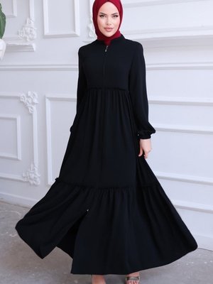 Siyah Eteği Fırfırlı Medine İpeği Ferace