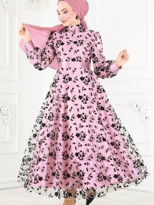 Pudra Çiçek Desenli Abiye Elbise Pudra Çiçek Desenli Abiye Elbise