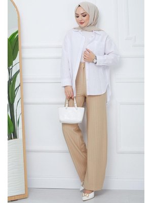 Bej Çizgili Bol Paça Krep Pantolon