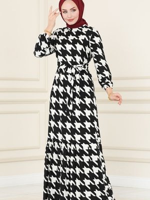 Siyah & Ekru Eteği Fırfırlı Desenli Elbise