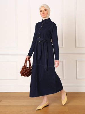 Lacivert Kuşaklı Düğme Detaylı Kot Elbise
