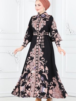 Siyah Etnik Desenli Atlas Elbise