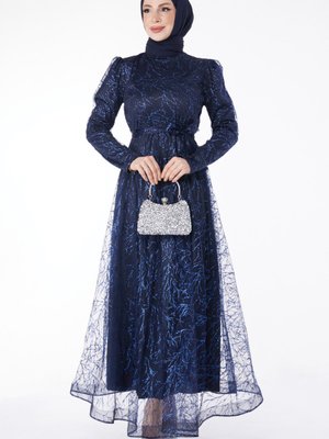 Düz Hakim Yaka Lacivert Işıltılı Simli Abiye Elbise