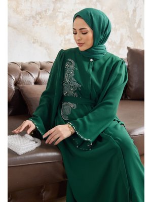 Zümrüt Lora Taşlı Abaya