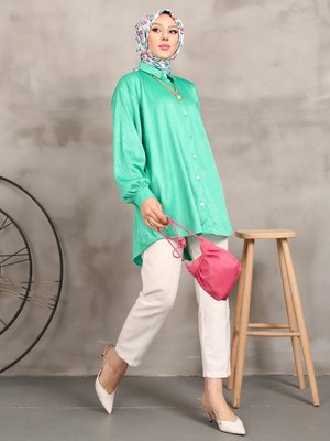 Yeşil Pliseli Örme Gömlek
