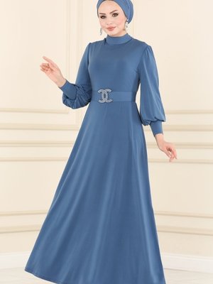 İndigo Kemerli Sandy Elbise