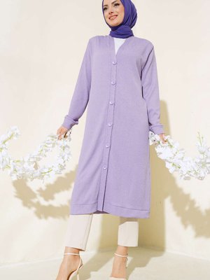 Lila Düğmeli Uzun Hırka