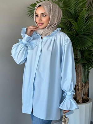 Fırfırlı Poplin Gömlek Mavi