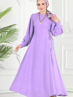 Lila Yandan Bağcıklı Elbise