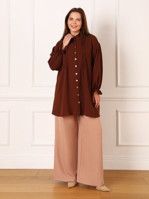 Acı Kahve Yakası Fırfır Detaylı Büyük Beden Aerobin Tunik