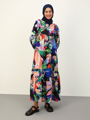 Renkli Balon Kol Elbise Siyah Mavi Desenli