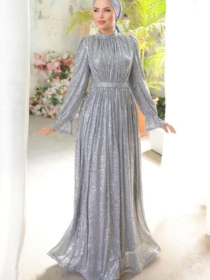 Gri Sual Kemerli Pul Payet Abiye Elbise Gri Sual Kemerli Pul Payet Abiye Elbise
