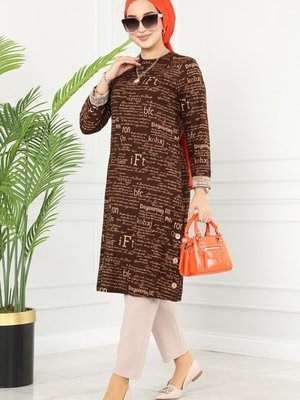 Kahve Yazı Baskılı Süet Örme Tunik Kahve Yazı Baskılı Süet Örme Tunik