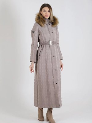 Taş Rengi Kare Desenli Tam Boy Kapitone Kaban Mont