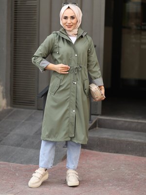 Haki Kapüşonlu Fermuarlı Trençkot