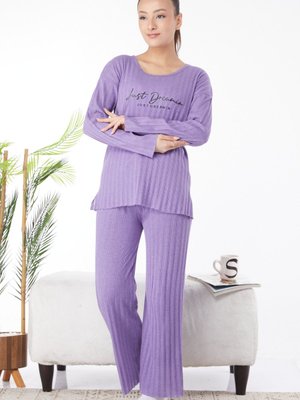Lıla Bisiklet Yaka Baskılı Uzun Kollu Pijama Takımı