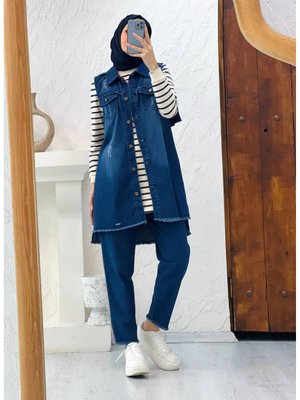 Camelya Kot Denim Yelekli Üçlü Takım Mavi