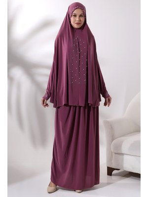 Gül Kurusu İki Parça İncili Taşlı Alt Üst Pratik Namaz Elbisesi