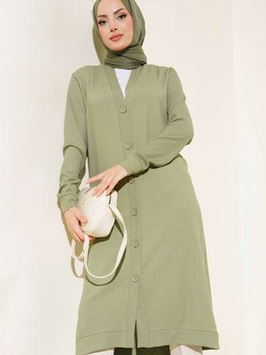 Çağla Düğmeli Uzun Hırka