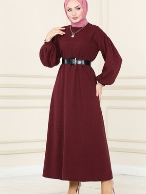 Bordo Deri Kemerli Kışlık Elbise Bordo Deri Kemerli Kışlık Elbise