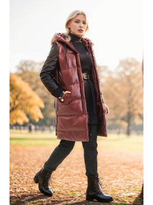 Bordo Kapüşonlu Kemerli Şişme Yelek Koyu