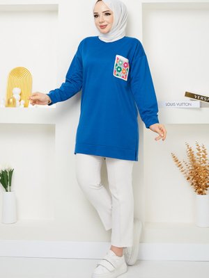 Mavi Cep Detaylı Sweatshirt