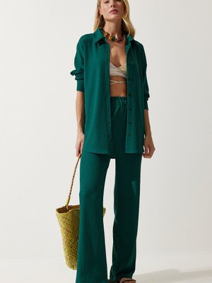 Koyu Yeşil Rahat Örme Gömlek Pantolon Takım