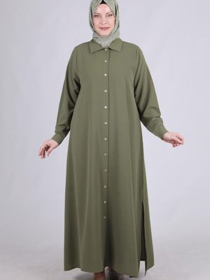 Haki Büyük Beden Düğmeli Pantolonlu Uzun Takım Haki Büyük Beden Düğmeli Pantolonlu Uzun Takım