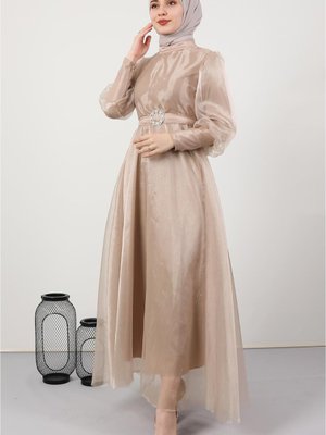 Balon Kol Kloş Kesim Abiye Elbise Pudra