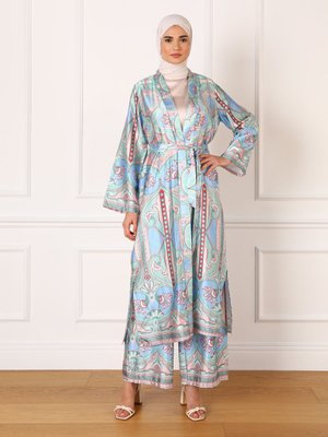 Çağla Saten Bordür Çiçek Desenli Kimono & Pantolon Takım