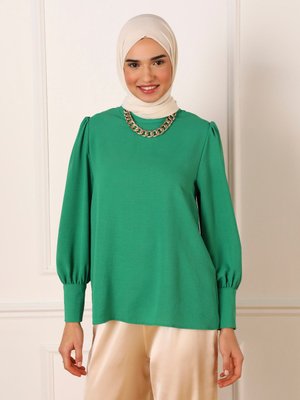 Çimen Yeşili Aerobin Düğme Detaylı Balon Kollu Şık Bluz